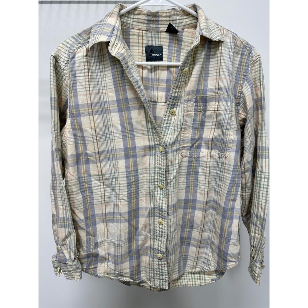 Lizwear Petite Plaid Button Down Shirt Blue Yellow Cotton Long Sleeve Top P